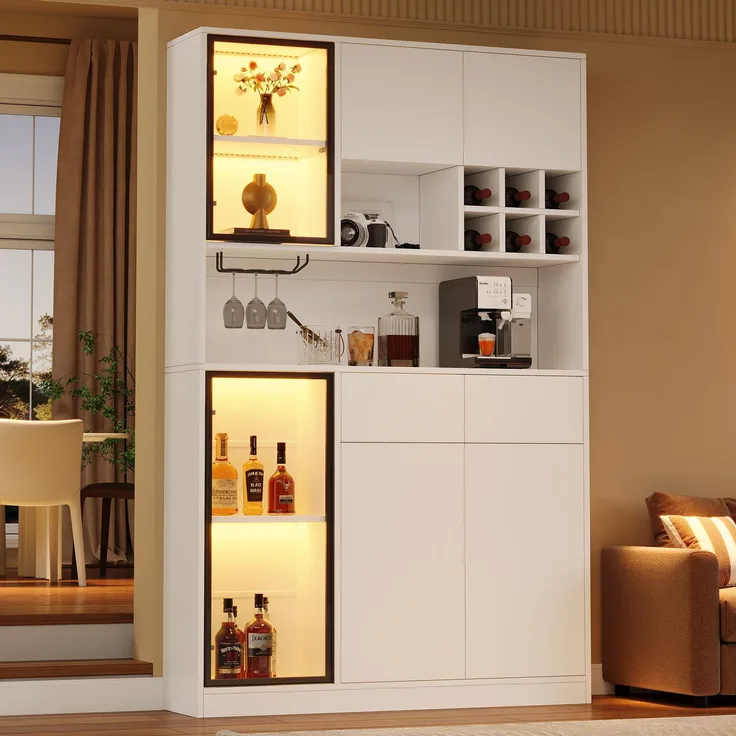 Hochschrank Vitrine 120×33×200cm, Wohnzimmer Schrank mit 6 Türen, 2 Schubladen, LED‑Beleuchtung, offenen Fächern, Hartfaserplatte & gehärtetem Glas, Weinschrank für Wohn‑ und Esszimmer--Weiß--120x33x200cm--YOUDENOVA