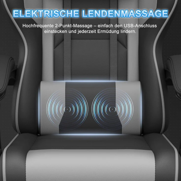 Devoko Gaming Stuhl mit Massagefunktion, Bürostuhl Ergonomisch mit Verstellbarer Ruckenlehne (90-135), Schreibtischstuhl mit Bewegliche Armlehne, max 150kg, Grau – Bild 6