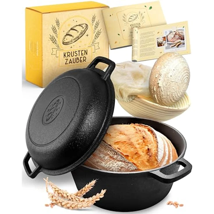 Krustenzauber Brotbackform 26cm Gusseisen Topf Brot Backen inkl. Gärkorb, (Robuster Brottopf mit Deckel - Idealer Brotbacktopf), Brotbackset Gusseisentopf Brotbacken, Brot Backen Zubehör, Brotform – Bild 2