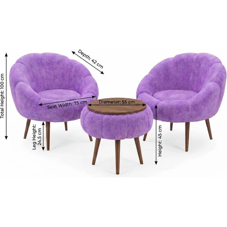 Hanah Home Elegantes Ohrensessel- und Couchtisch-Set (3-teilig), Flieder | 100% melaminbeschichtet, 18 mm Stärke | Superweicher Stoff & Beine aus Eschenholz – Bild 3