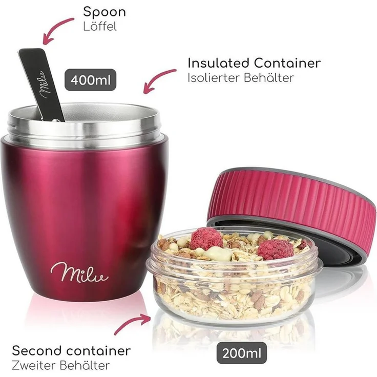 Milu Müslibox Müslibecher To Go Edelstahl 400 ml, isoliert, auslaufsicher, Müslimax Set – Bild 4