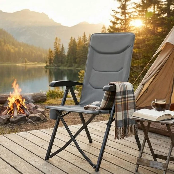 SONGMICS Campingstuhl, verstellbare Rückenlehne 95°-150°, Getränkehalter, Tragetasche, Angeln, Garten, Camping, grau – Bild 3