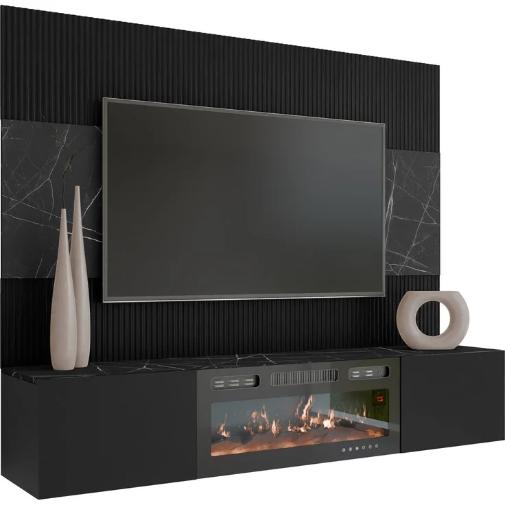 Wohnwand Deromi III mit Kamin (Farbe: Schwarz + Schwarz Marmor) – Bild 2