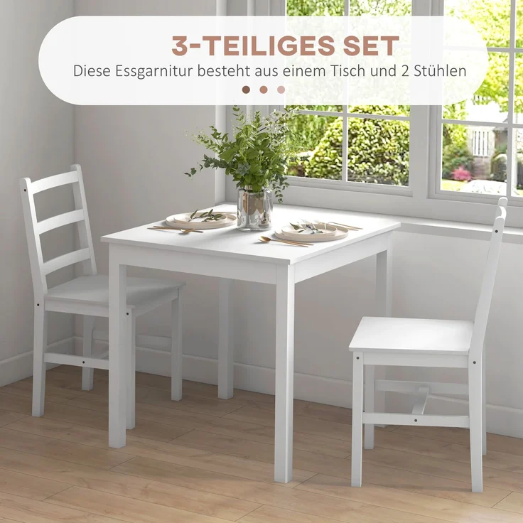 MELAYR, 3-teilige Essgruppe Sitzgruppe Tisch mit Stühlen, Massivholz, Weiß, 75 x 75 x 75 cm – Bild 6