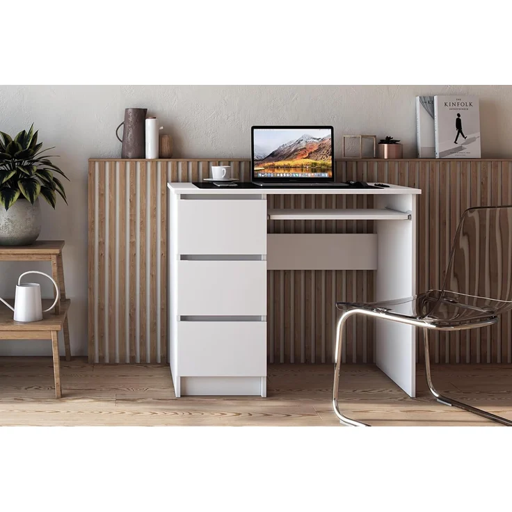 Shefa Line CINA Schreibtisch Weiß 90x50 cm - Computertisch mit 3 Schubladen & Tastaturauszug – Bild 6
