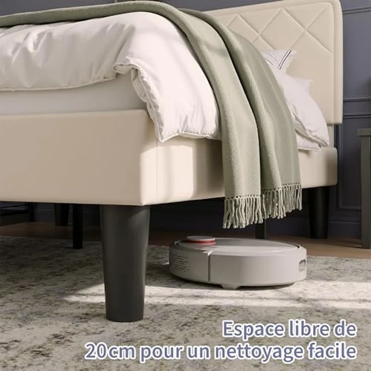 VECELO Doppelbett, gepolstert, 140 x 190 cm, Plattformrost, Lattenrost aus robustem Holz, kein Boxspringbett erforderlich, Velours-Stoff, einfach zu montieren, Beige – Bild 7