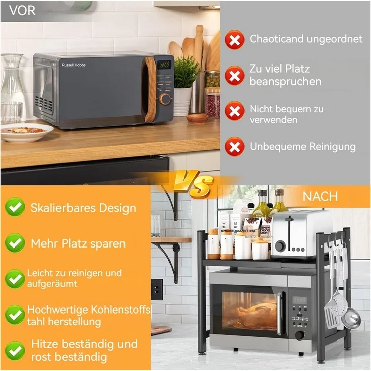 Rhein Beleuchtung Küchenregal Verstellbares Mikrowellenregal, Karbonstahl-Mikrowellenhalter, Küchenaufbewahrungsorganizer mit 6 Haken – Bild 2