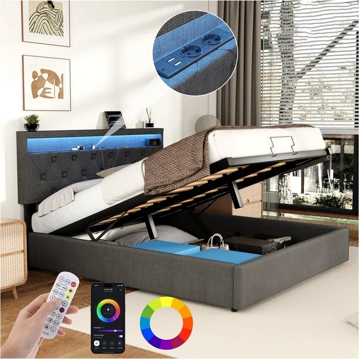 oyajia Polsterbett Doppelbett mit Steckdosen & LED Beleuchtung,Hydraulischem Stauraum (Funktionbett mit Hydraulikstange,Tragfähigkeit: 365kg, Strapazierfähig,Metallrahmen), Bettgestell mit Lattenrost,Leinenmaterial Polsterbett, ohne matratze