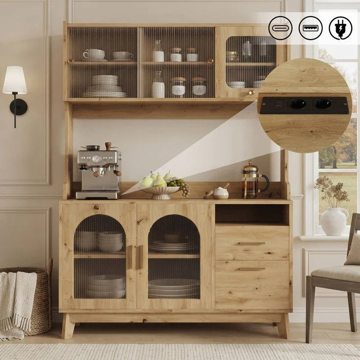 Buffetschränke, Esszimmer-Hochschrank 120*40*178 cm, mehrstufigem Stauraum, integrierter Steckdose sowie USB-C- und USB-A-Anschlüssen, Holzfarbe--Holz--120x40x178cm--YOUDENOVA – Bild 1