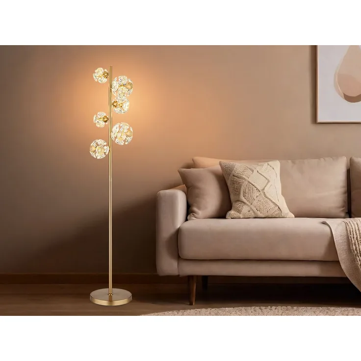 LED Stehleuchte VIRINA Gold mit fünf Kugeln aus K9 Kristallen, Höhe 155cm