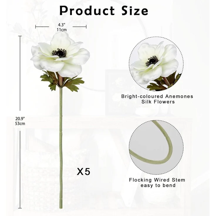 Künstliche Anemonen Kunstblumen Set Weiße Frühlingsblumen 53 cm Echt Dekoblume – Bild 2