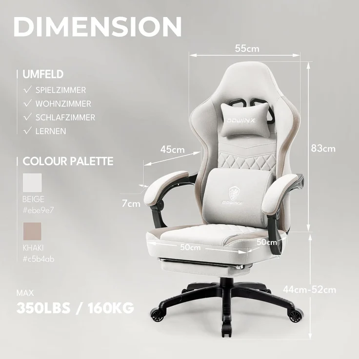 Dowinx Gaming Stuhl Stoff Massage Sessel Fußstütze Beige 150 kg ergonomisch – Bild 3