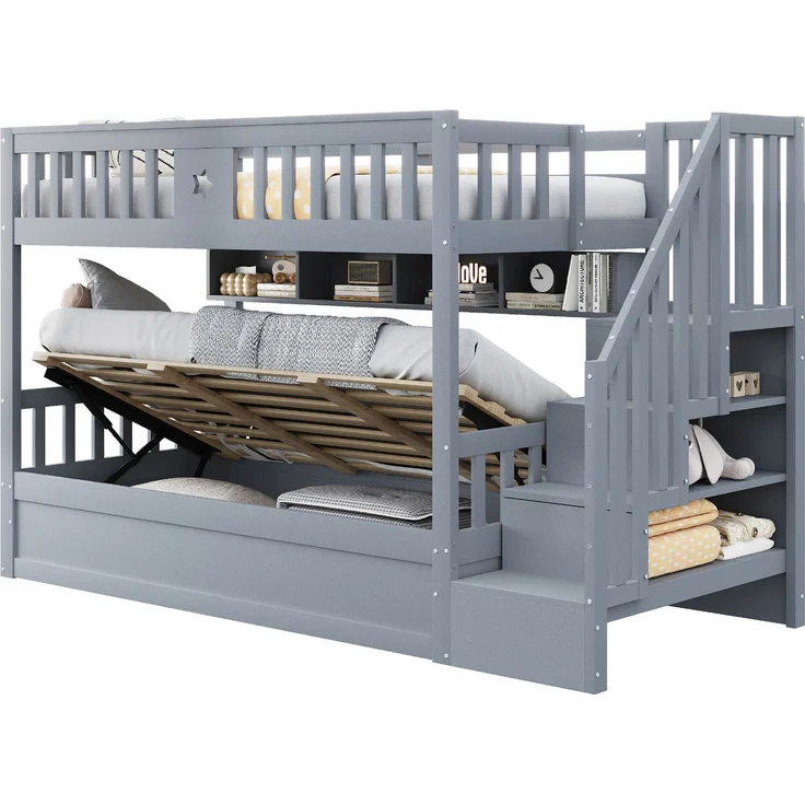 ZUBALIYA Bettgestell für Matratzen 253 x 95 x 151 cm, Bettgestell aus Holz, als Schlafplatz für Schlafzimmer und Gästezimmer, Grau – Bild 6