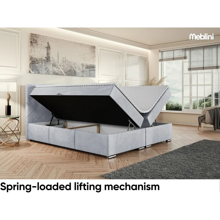MEBLINI Boxspringbett MALDINI 180x200cm - H3B/Hellgrau Samt - mit Bettkasten - Polsterbett - Doppelbett mit Topper & Bonellfederkern-Matratze – Bild 3