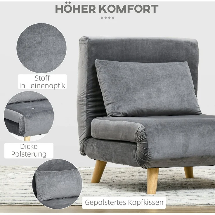 HOMCOM 3 in 1 Schlafsessel, Schlafsofa mit Bettfunktion, Lendenkissen, klappbarer Relaxsessel mit Verstellbarer Rückenlehne Liegestuhl in Samtoptik, für Wohnzimmer, Grau – Bild 3