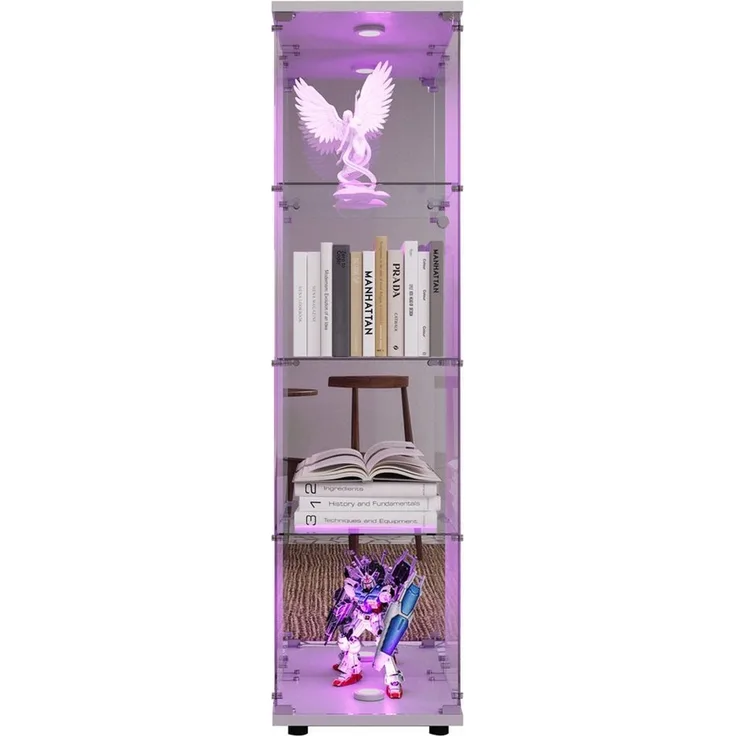 FUROKOY Glasvitrine Standvitrine, Modern Glas Vitrinenschrank mit Beleuchtung (4 Lagen Glasvitrine mit 1 Glastür, Sammlervitrine, 1-St, für Sammlerstücke Bücher Wein)