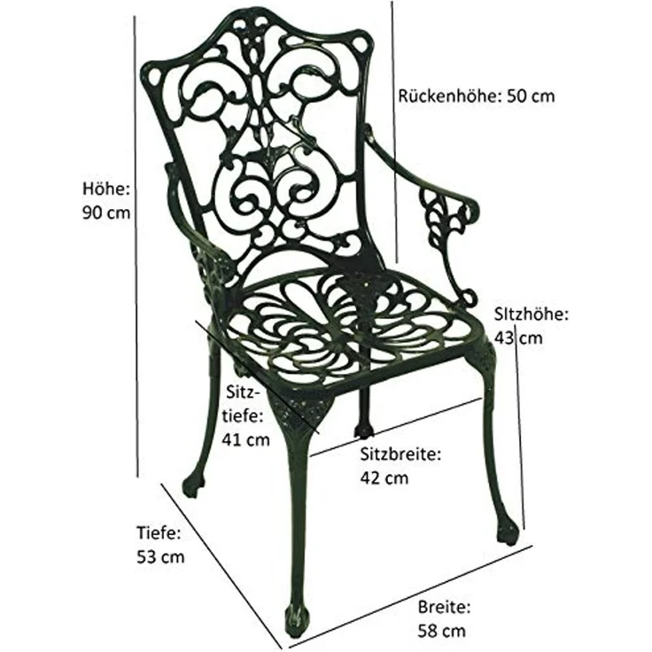 DEGAMO Garten-Essgruppe Jugendstil, (5-tlg), (4x Sessel, 1x Tisch 70cm rund), Aluguss rostfrei, Farbe dunkelgrün – Bild 4
