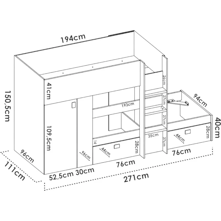 Dmora - Schlafzimmer Cevedale, Komplettes Schlafzimmer, Etagenbettkomposition mit Zwei Einzelbetten, 271 x 111 x 150 cm, Weiß und Eiche – Bild 3