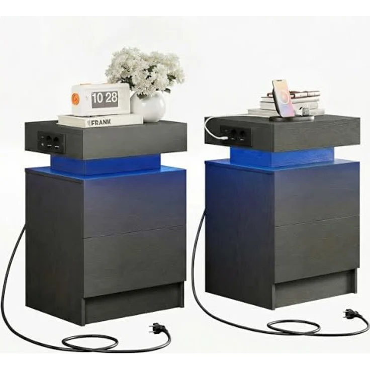 IRONCK Nachttisch 2er Set mit LED-Lichtern & 2 AC-Steckdose, Beistelltisch mit USB+Typ-C Anschlussen, Nachtschrank mit 2 Schubladen, Sofatisch für Schlafzimmer, Wohnzimmer, Grau – Bild 2