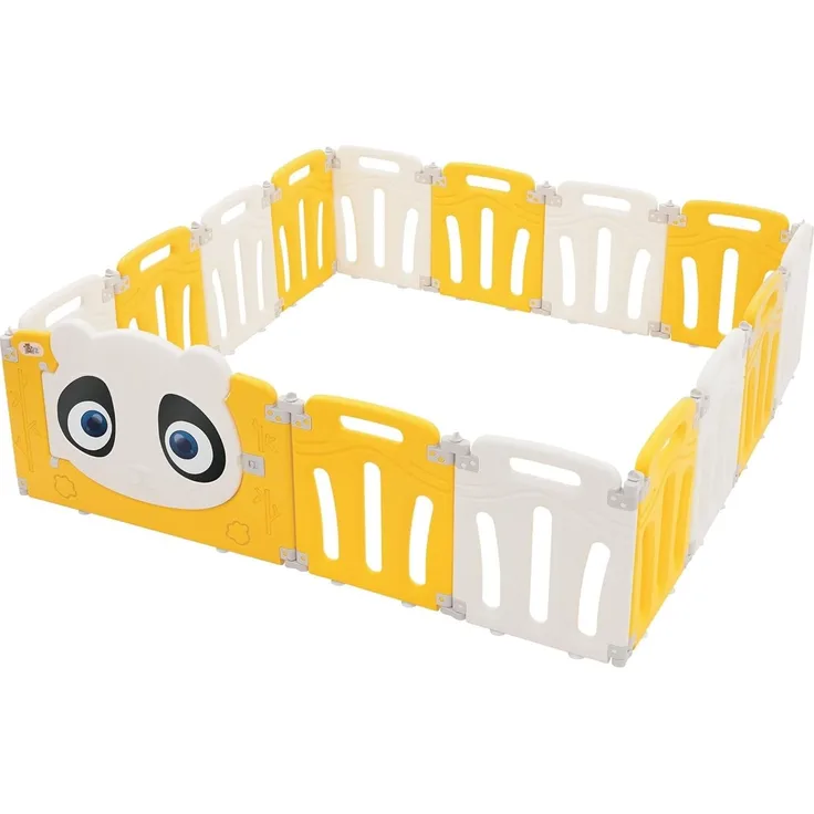 Joyz Laufstall Baby 160×160 cm, Laufgitter faltbar, Panda-Design, Weiß-Gelb, Absperrgitter mit Tür und Lernuhr, Playpen aus Kunststoff, Babyzaun, Kinderlaufstall Innen/Außen, Krabbelgitter für Kinder