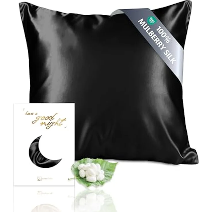 Townssilk 19 Momme 100% Maulbeerseide Kissenbezug, 65x65cm, Schwarz, hypoallergen und luxuriös für besseren Schlaf – Bild 1