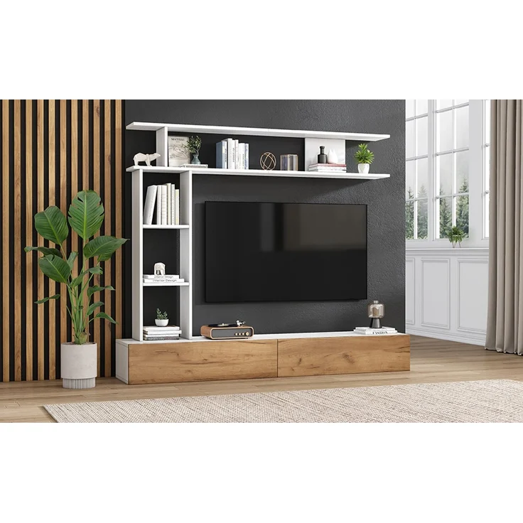 180*35*22.5cm TV Wohnwand-set mit Vitrinen,Mediawand inkl. TV-Board, Standregal und Wandregal,TV Wohnzimmermöbel-Set,TV-Schrank, stehend&hängend,TV bis 80',Weiß + Holzfarbe--Weiß + Eiche--95.99x36.5x16.99cm--YOUDENOVA – Bild 6