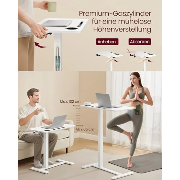 VASAGLE Beistelltisch mit Rollen, mobiler Stehtisch, 70 x 40 cm große Tischplatte, verstellbare Höhe, 2 Getränkehalter, Schlitz für Handy oder Tablet, wolkenweiß – Bild 5