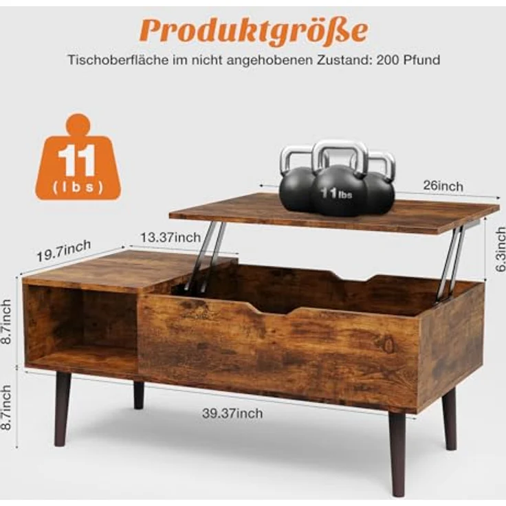 Sweetcrispy Couchtisch Höhenverstellbar, Tisch Wohnzimmertisch, offener und versteckter Stauraum Couchtisch, Sofatisch Beistelltisch, 100x50 cm Sofatisch aus Holz für Wohnzimmer, Braun – Bild 4
