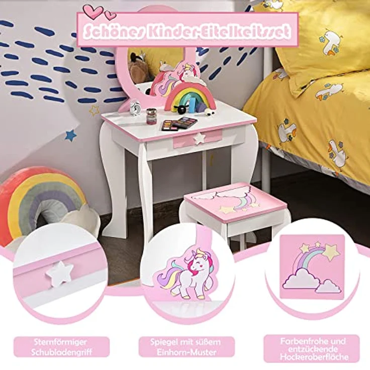 COSTWAY Kinder Schminktisch mit Hocker, rosa Frisierkommode, Prinzessin Frisiertisch mit Schublade & Abnehmbarer Spiegel, Schminkkommode für Mädchen von 3-7 Jahren (Weiß) – Bild 6