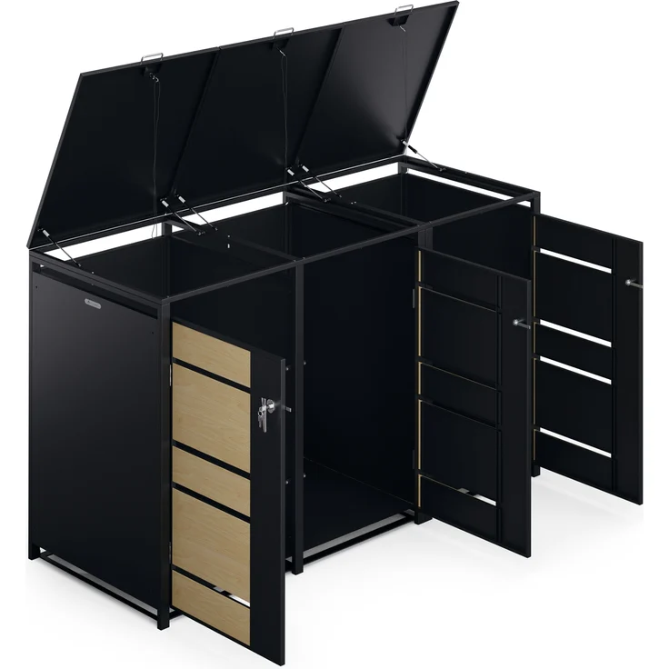 Blumfeldt BinSafe Mülltonnenbox – Wetterfest, Verzinkter Stahl, Für 60L/120L/240L, Schloss, Modernes Design, Mülltonnenverkleidung für 3 Tonnen, Ahorn & Schwarz – Bild 5
