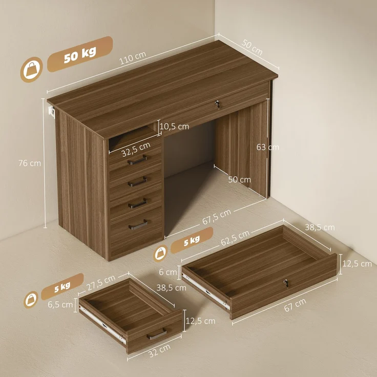 Schreibtisch mit 5 Schubladen, 110 x 50 cm, Schreibtisch mit Stauraum, offenes Regal, abschließbare Schublade, Nussbaum – Bild 5