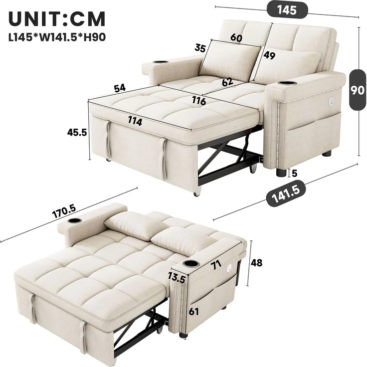 Merax 2-Sitzer Sofa, Schlafsofa mit Schlaffunktion, LED-Beleuchtung, USB/Type-C-Ladeanschluss, verstellbare Rückenlehne, Kissen, Getränkehalter, Seitentasche, Chenille Stoff, Beige – Bild 4