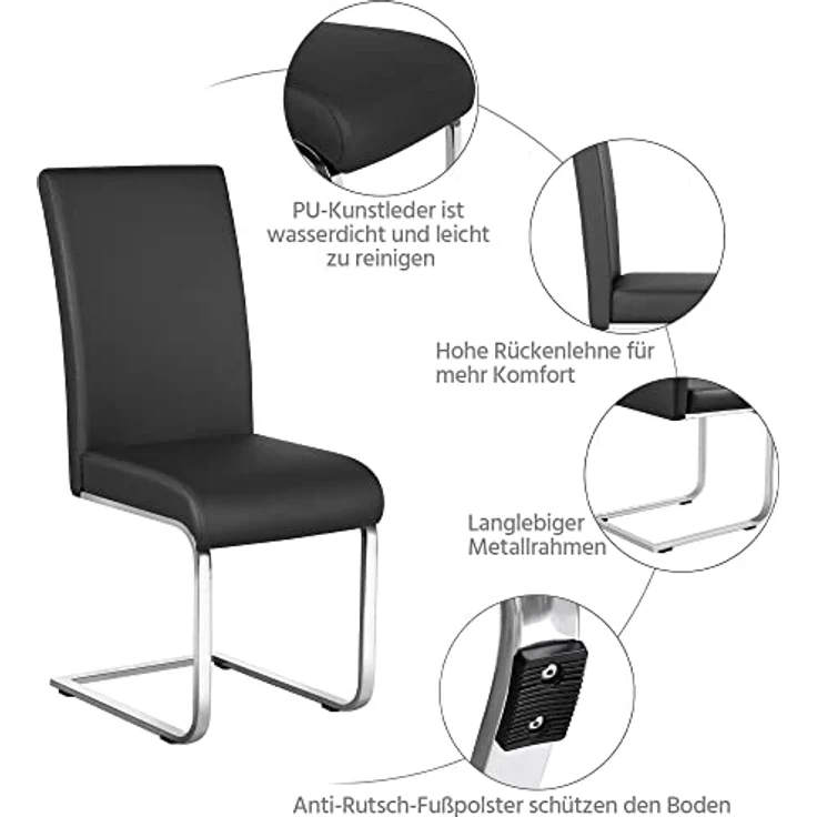 Yaheetech Esszimmerstühle 2er Set Esszimmerstuhl Schwingstuhl Freischwinger, 135 kg belastbar schwarz Kunstleder – Bild 6