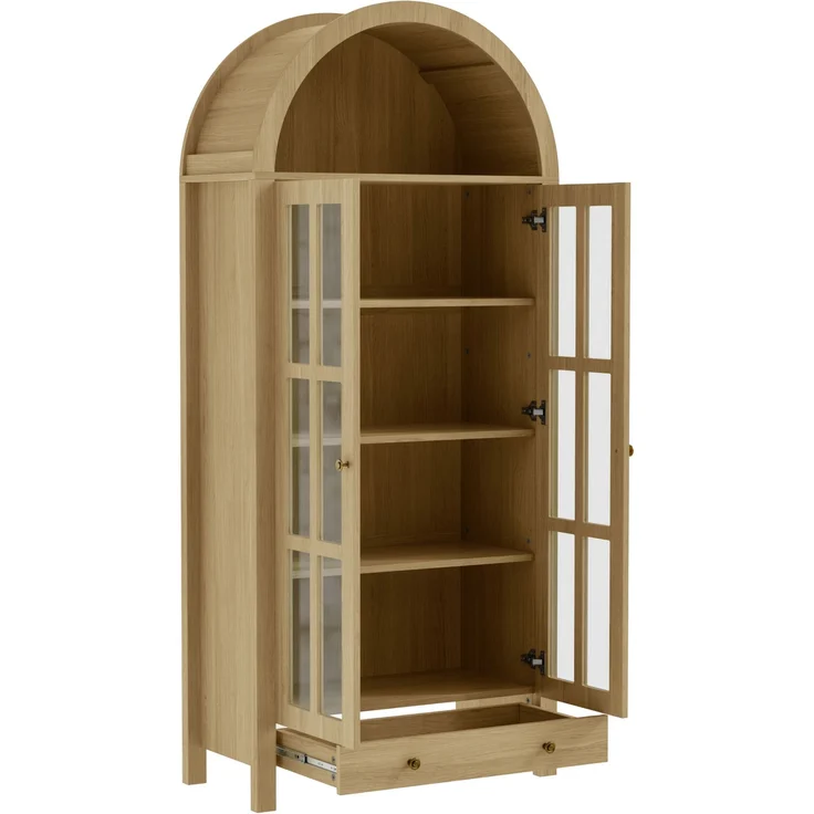 Vitrine 75x35x170,5 cm mit Bogenfach, Acryl-Türen und Schublade, naturfarben – Bild 6