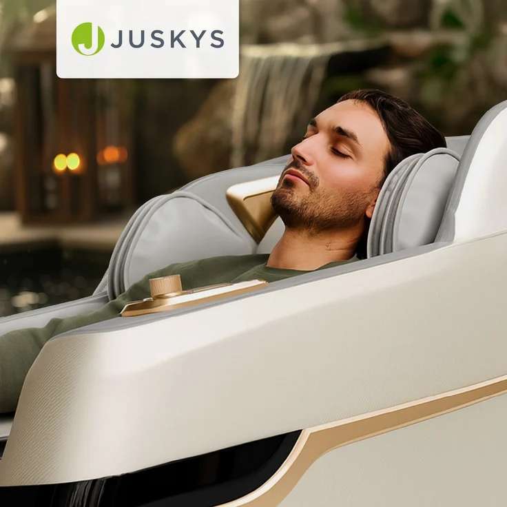 Juskys Massagesessel Naxos, mit LCD-Bedienfeld, Bluetooth, Airbags, Heizung, Rollenmassage, USB & Fußverlängerung, Fix-Point-Technologie - Weiß/Hellgrau – Bild 7