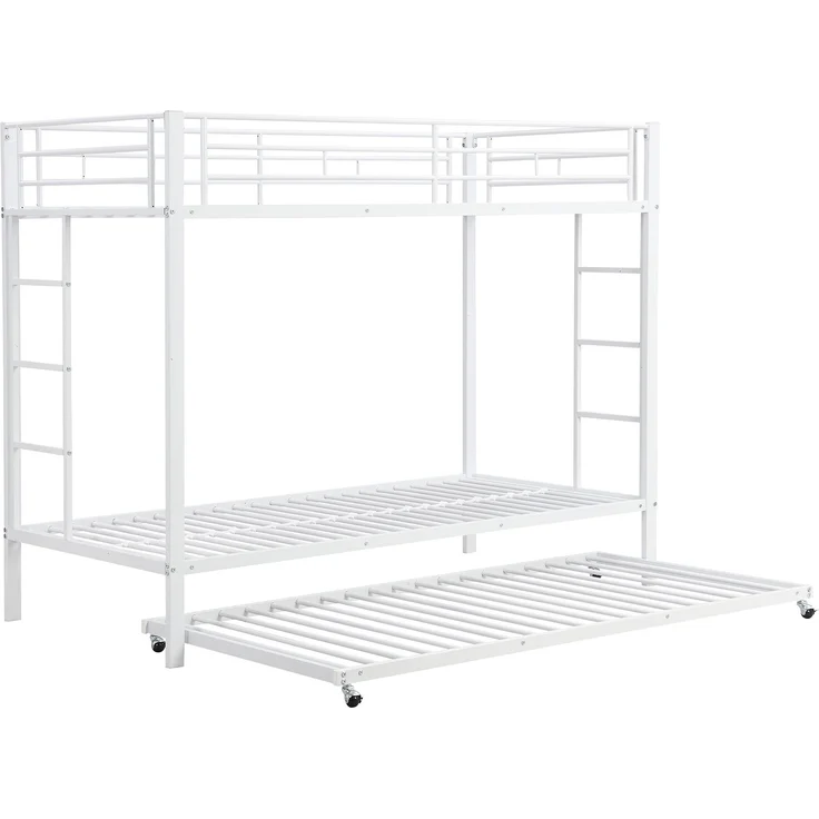 Etagenbett 90x200 cm mit ausziehbarem Rollbett, Metallrahmenbett mit hohem Sicherheitsgeländer, Kinderbett mit Doppelbettfunktion,Weiß – Bild 7