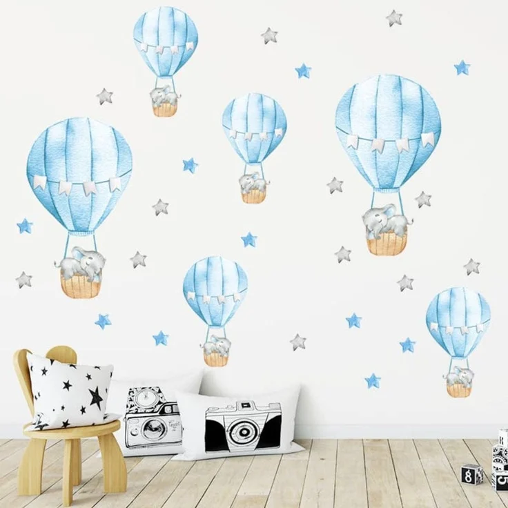 Montegoni Wandsticker Blaue Babyelefant Wandsticker mit Heißluftballon und Sternen, Selbstklebende Wandsticker, leicht entfernbar – Bild 1