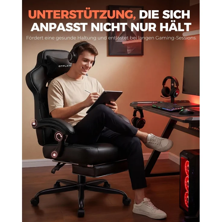 GTPLAYER Gaming Stuhl mit Fußstütze, Ergonomischer Bürostuhl 180kg, Schwerlast Gaming Sessel mit Lendenwirbelstütze und Kopfstütze, Höhenverstellbarer Computerstuhl, Gepolstert, neigbare 155°, schwarz – Bild 3