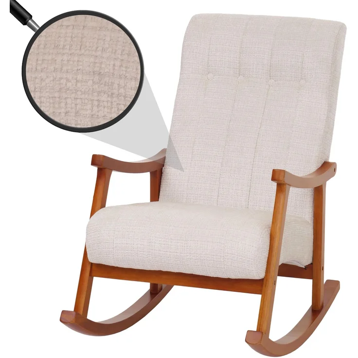 Schaukelstuhl HWC-K10, Relaxsessel, Holz FSC® Stoff/Textil Chenille (465g/m²) ~ creme, Gestell Walnuss-Optik – Bild 1