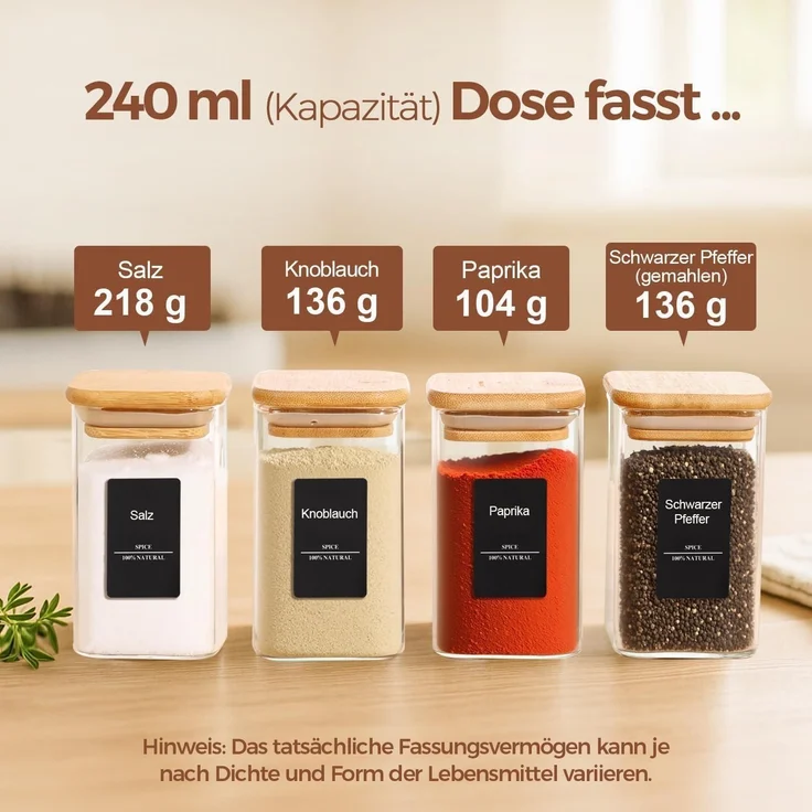 12er Set Gewürzgläser mit Bambusdeckel, 236ml, inkl. 275 Etiketten – Bild 2