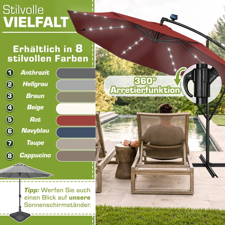 tillvex Alu Ampelschirm Rot LED Solar Ø 350 cm mit Kurbel | Sonnenschirm mit An-/Ausschalter | Gartenschirm UV-Schutz Aluminium | Kurbelschirm mit Ständer Marktschirm wasserdicht – Bild 5