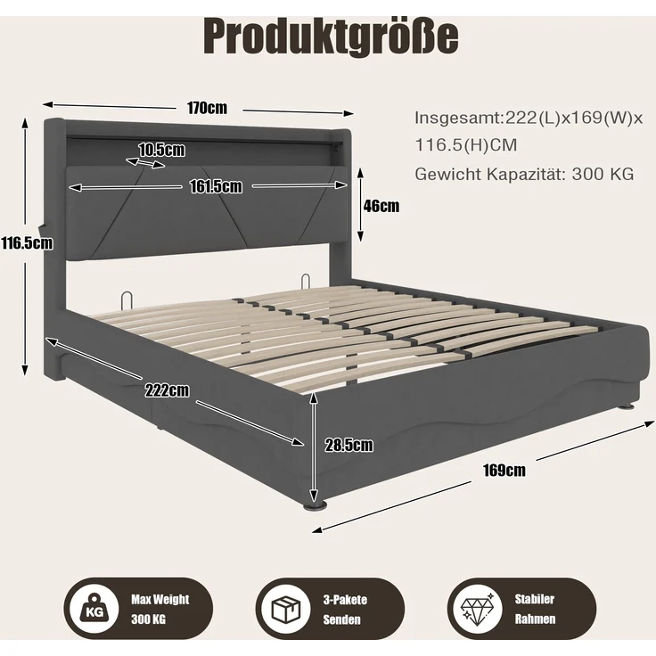 LVHOM Polsterbett 160x200cm mit LED&USB, Doppelbett mit Bettkasten, Jugendbett mit Kopfteil, Stauraumbett mit Lattenrost, Boxspringbett Dunkelgrau – Bild 2