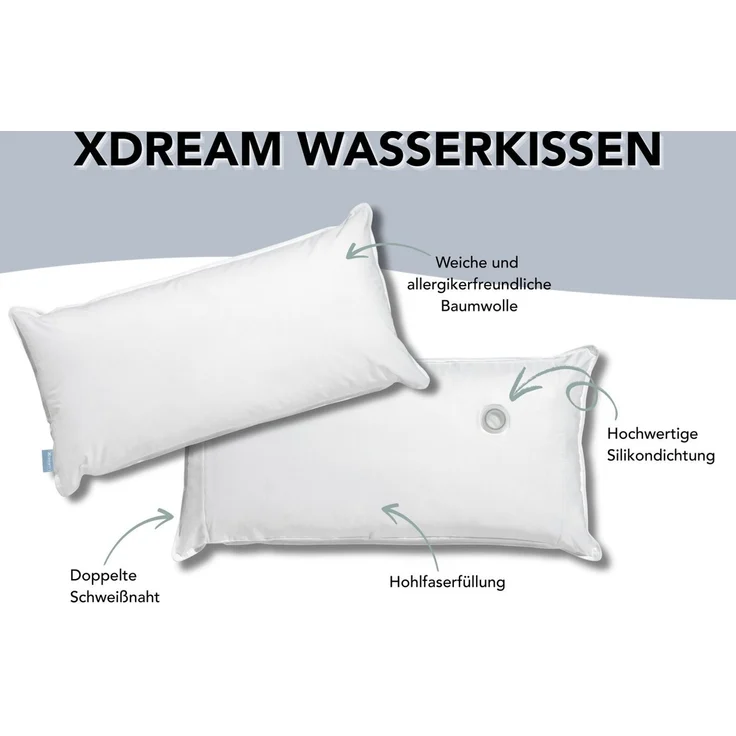 XDREAM Wasserkissen Kopfkissen, 40x80 cm und 50x70 cm, inkl. Fülltrichter, 1-tlg, individuelle Stützwirkung durch anpassbare Füllmenge, Auslaufschutz – Bild 1