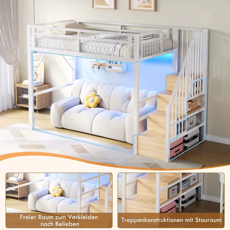 Hochbett, 90 x 200 cm, Eisenrahmen, mit LED-Lichtleiste, Treppenkonstruktionen mit Stauraum, Freier Raum zum Verkleiden nach, Ohne Matratze, Weiß – Bild 4