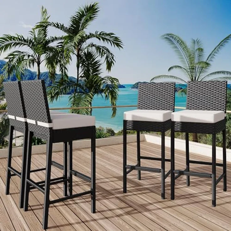 GarveeHome 2er Set Rattan-Hochstühle Mit Metallrahmen, Gepolsterte Outdoor-Barhocker Mit Rückenlehne Und Fußstütze, Wetterfester Stuhl, Für Terrasse Und Strand, 40,6 x 45 x 103,4 cm – Bild 8