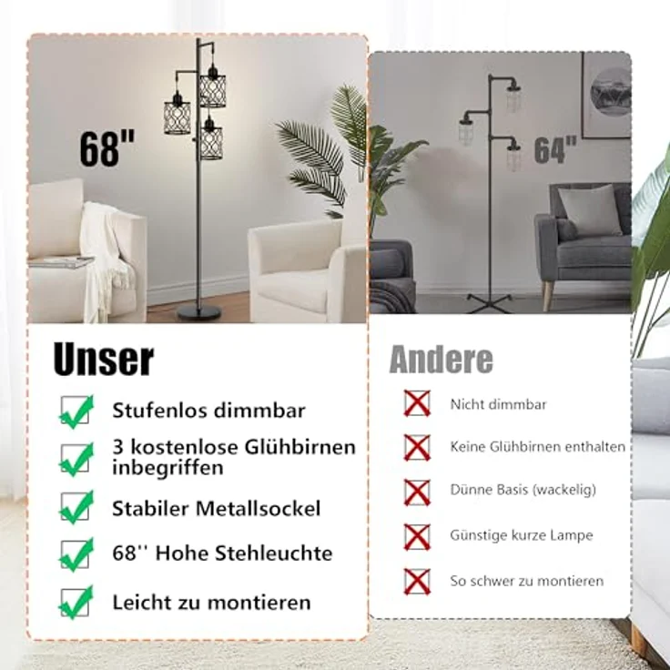 ROTTOGOON dimmbare 3-flammige Landhaus-Standleuchte 172cm - Industrielle Stehlampe mit 3x6W LED für Wohnzimmer, Schlafzimmer & Büro - Rustikale Stehleuchte, Schwarz – Bild 5