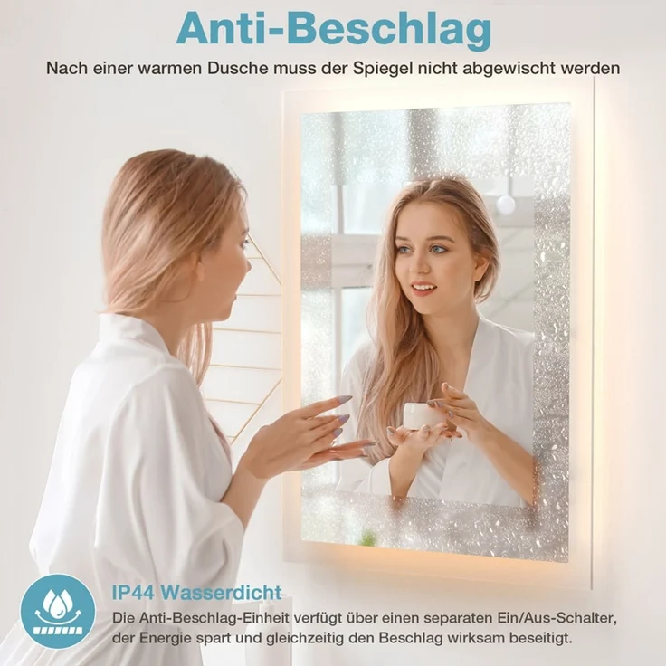 Gimbelen LED Badspiegel 45x60 cm, Badezimmerspiegel mit Beleuchtung & Tastenschalter, 2 Lichtfarben (3000K/6500K), Antibeschlag, explosionssicheres Glas, IP44, Silber – Bild 4