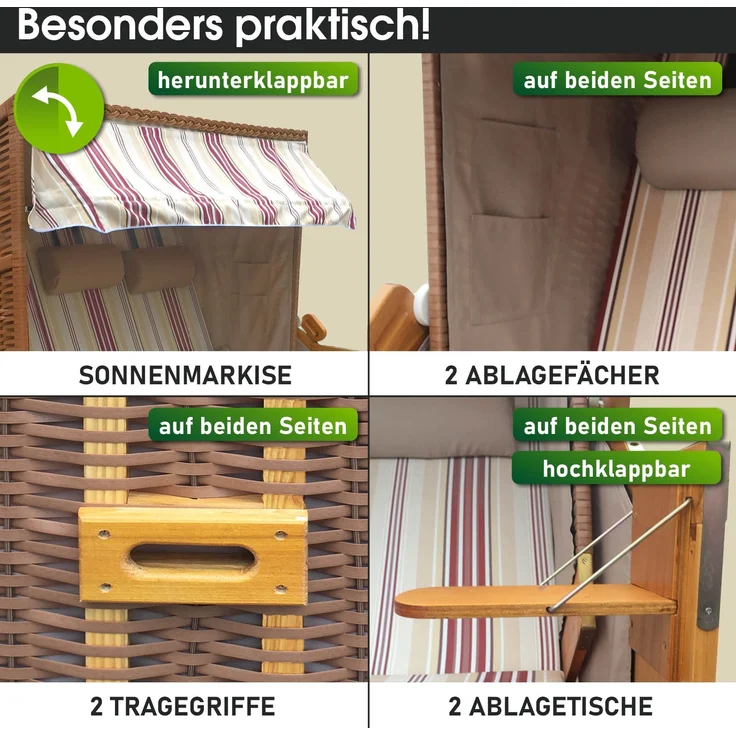 BRAST Strandkorb, Ostsee 3-Sitzer, XXL Volllieger inkl. Schutzhülle, Poly-Rattan, Rot/Beige gestreift, 165 x 160 x 79 cm – Bild 5