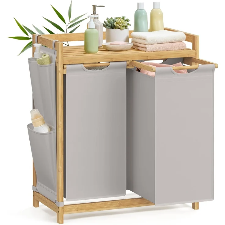SONGMICS Wäschekorb 2 Fächer, Bambus, Wäschesammler 100 L, Wäschesortierer, mit Ablage, Wäschesack, kleine seitliche Taschen, Wäscheregal, 2 x 50 L, 63 x 33 x 78 cm, rauchgrau RLHDE100G02