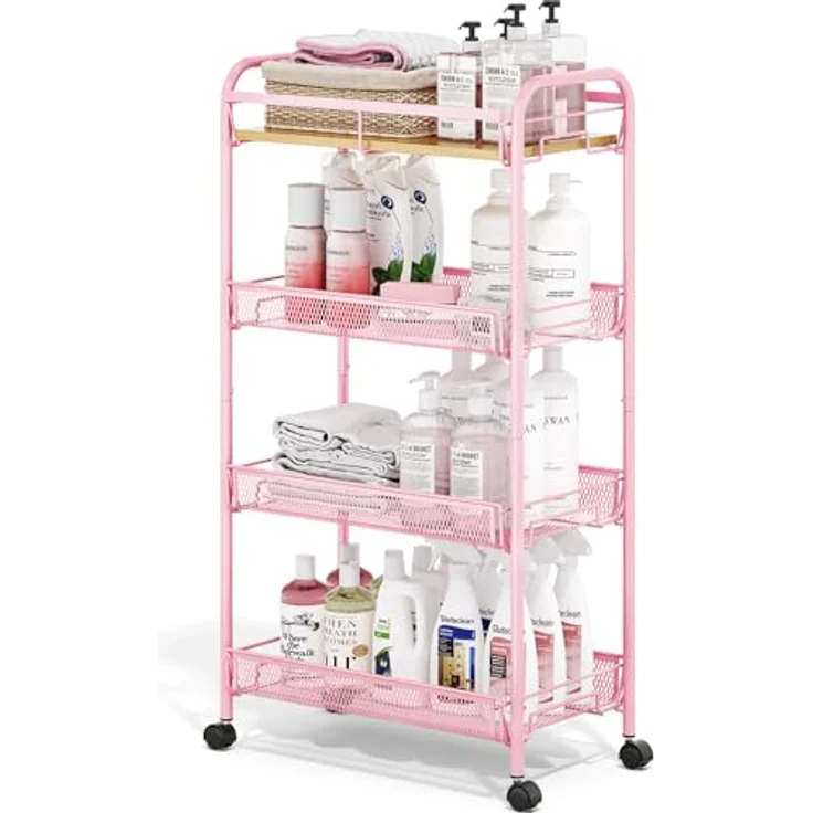 KINGRACK 4-Stöckiger Küchenwagen mit Rollen, Rollwagen Metall, Verschiebbarer Aufbewahrungswagen mit Holzplatte und Gitterkorb Ideal für Enge Räume in Haus und Küche, Badezimmern, Rosa – Bild 2